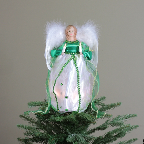 12" Green and White Lighted Luck of the Irish Angel Christmas Tree Topper