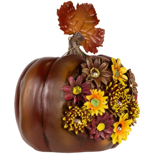 8" Brown Solar Powered Floral Pumpkin Outdoor Decoration