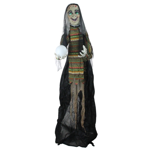 5.5' Pre-Lit Black and Green Standing Fortune Witch with Magic Ball Halloween Display