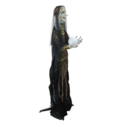 5.5' Pre-Lit Black and Green Standing Fortune Witch with Magic Ball Halloween Display