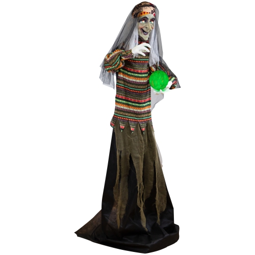 5.5' Pre-Lit Black and Green Standing Fortune Witch with Magic Ball Halloween Display