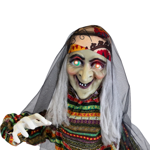 5.5' Pre-Lit Black and Green Standing Fortune Witch with Magic Ball Halloween Display
