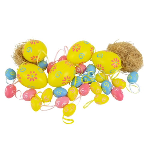 Set of 29 Blue and Yellow Painted Floral Spring Easter Egg Ornaments 3.25"