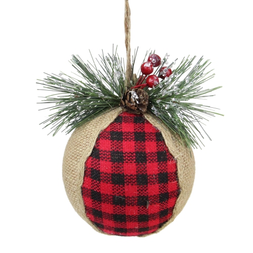 5.75" Red and Black Plaid with Burlap Christmas Ornament