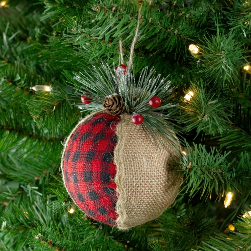 5.75" Red and Black Plaid with Burlap Christmas Ornament