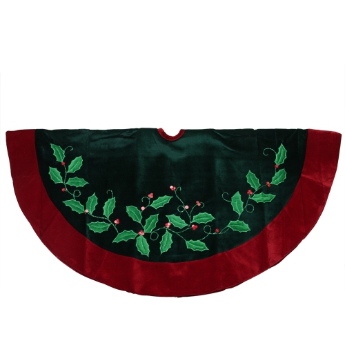 NORTHLIGHT  48" Dark And Burgundy Holly Berry Velveteen Christmas Tree Skirt In Green