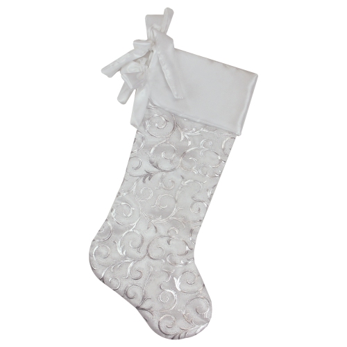 19" White and Silver Filigree Christmas Stocking with Bows