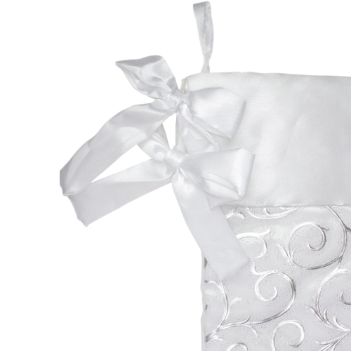 19" White and Silver Filigree Christmas Stocking with Bows