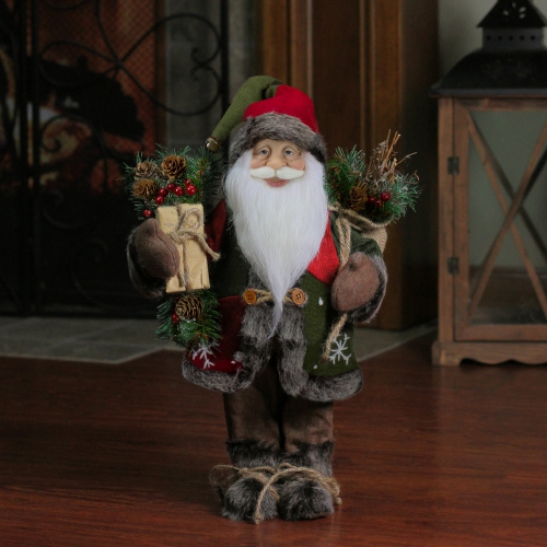 16" Country Rustic Standing Santa Claus Christmas Figure with Knitted Snowflake Jacket