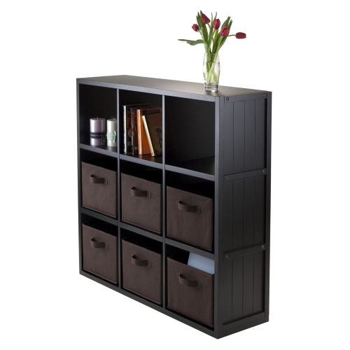 Timothy 7-Pc 3x3 Storage Shelf with 6 Foldable Fabric Baskets, Black and Chocolate