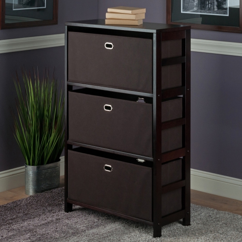 Torino 3-Pc Storage Shelf with 2 Foldable Fabric Baskets, Espresso and Chocolate