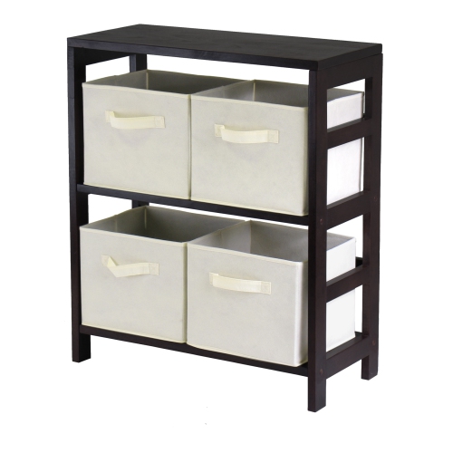 SLICKBLUE  Capri 5-PC Storage2- Shelf With 4 Foldable Fabric Baskets, Espresso And In Beige