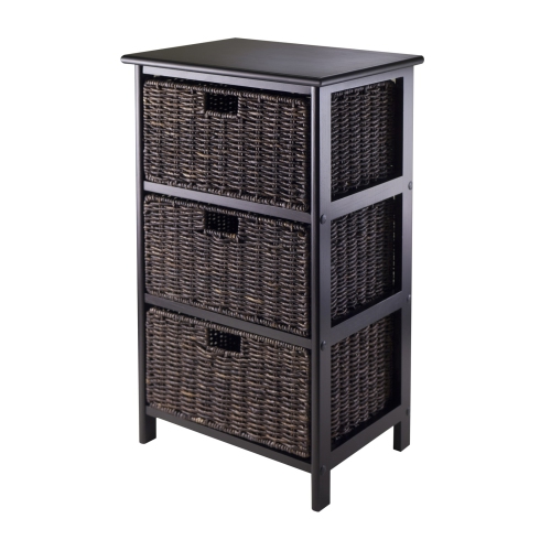 Omaha – Étagère de rangement avec 3 paniers pliables en feuilles de maïs, noir et chocolat