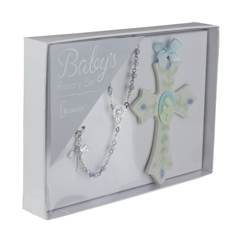 ROMAN  Religious Baby Boy Beaded Rosary And Porcelain Cross 2-Piece Set