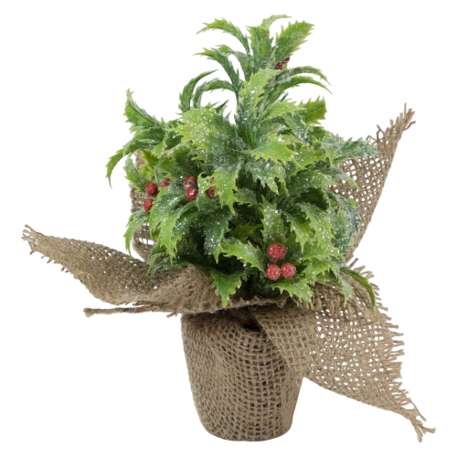 NORTHLIGHT  8" Iced Artificial Christmas Holly Berry Plant In Burlap Base