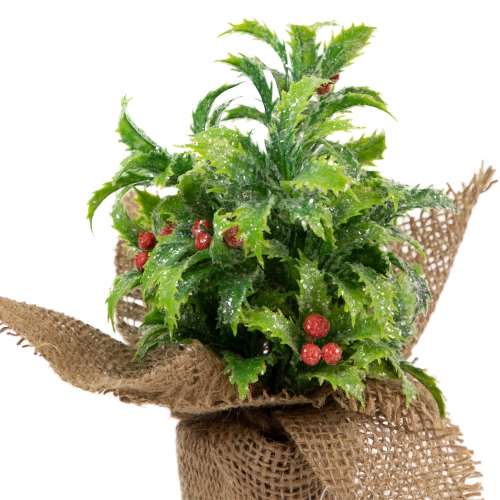 8" Iced Artificial Christmas Holly Berry Plant in Burlap Base