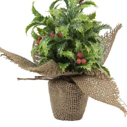 8" Iced Artificial Christmas Holly Berry Plant in Burlap Base