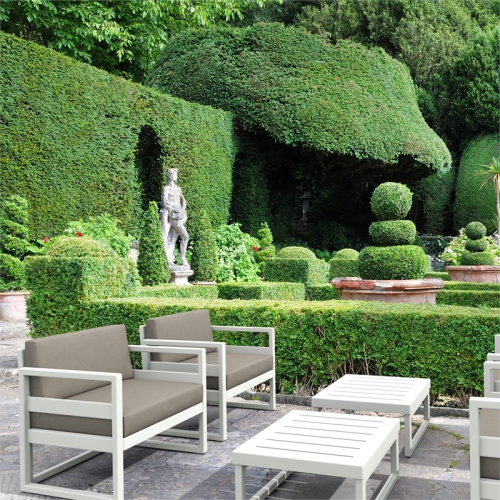 Mykonos Patio Club Chair in White with Acrylic Fabric Taupe Cushions