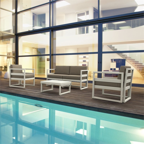 Mykonos Patio Club Chair in White with Acrylic Fabric Taupe Cushions