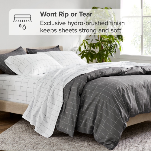 Bare Home Duvet Cover and Sham Set - Premium 1800 Ultra-Soft Brushed Microfiber - Hypoallergenic, Easy Care, Wrinkle Resistant - Grid - Grey/White,