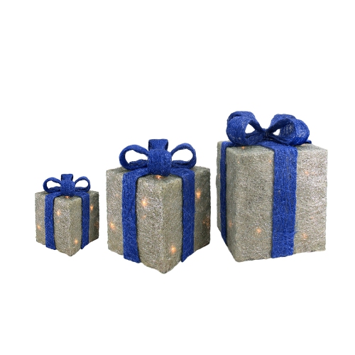 Set of 3 Silver and Blue Lighted Gift Boxes Outdoor Christmas Yard Decor