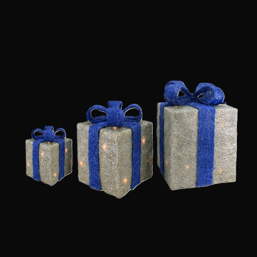 Set of 3 Silver and Blue Lighted Gift Boxes Outdoor Christmas Yard Decor