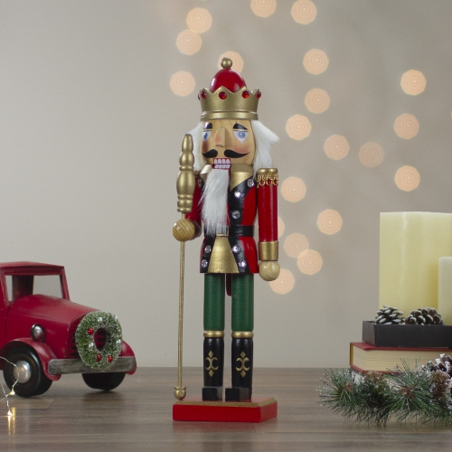 14" Red and Gold Wooden Christmas Nutcracker King with Scepter