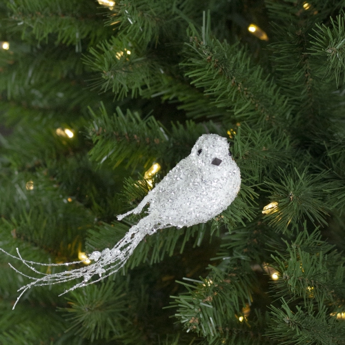 6.5" White and Silver Sequined Bird Christmas Ornament with Clip