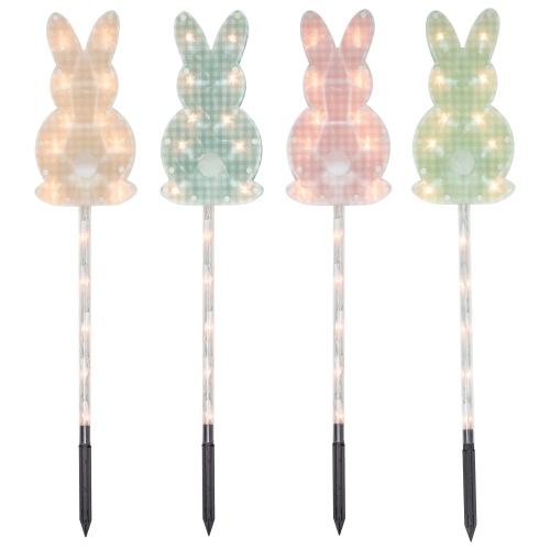 NORTHLIGHT  4Ct Plaid Pastel Bunny Easter Pathway Marker Lawn Stakes, Clear Lights 