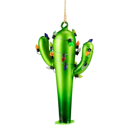 NORTHLIGHT  5.5" Cactus With Retro Light String Glass Christmas Ornament In Green