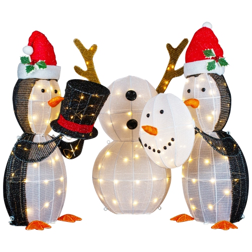 Set of 3 LED Lighted Penguins Building Snowman Outdoor Christmas Decoration 35"