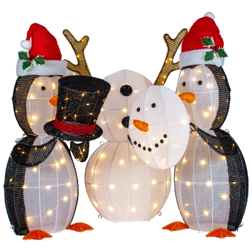 Set of 3 LED Lighted Penguins Building Snowman Outdoor Christmas Decoration 35"
