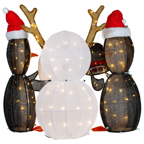 Set of 3 LED Lighted Penguins Building Snowman Outdoor Christmas Decoration 35"