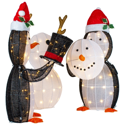 Set of 3 LED Lighted Penguins Building Snowman Outdoor Christmas Decoration 35"