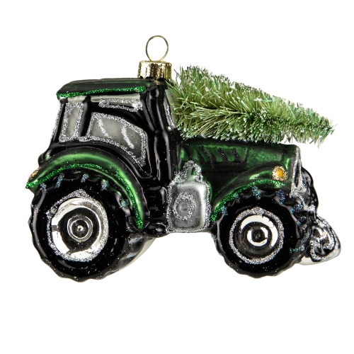 4" Green Tractor with Tree Glass Christmas Ornament