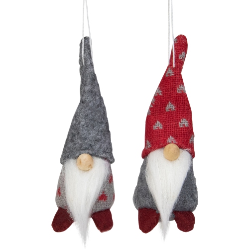 NORTHLIGHT  Set Of 2 Gray And Santa Gnomes Christmas Ornaments 4.25" In Red