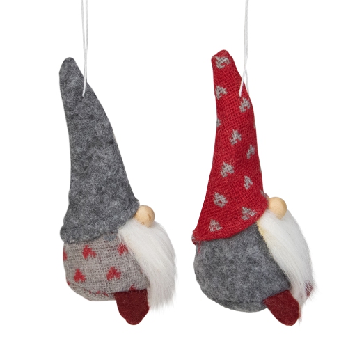 Set of 2 Gray and Red Santa Gnomes Christmas Ornaments 4.25"