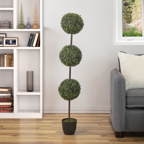 4' Artificial Two-Tone Boxwood Triple Ball Topiary Tree with Round Pot, Unlit