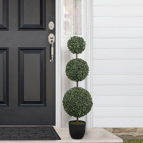 38" Artificial Two-Tone Boxwood Triple Ball Topiary Tree with Round Pot, Unlit