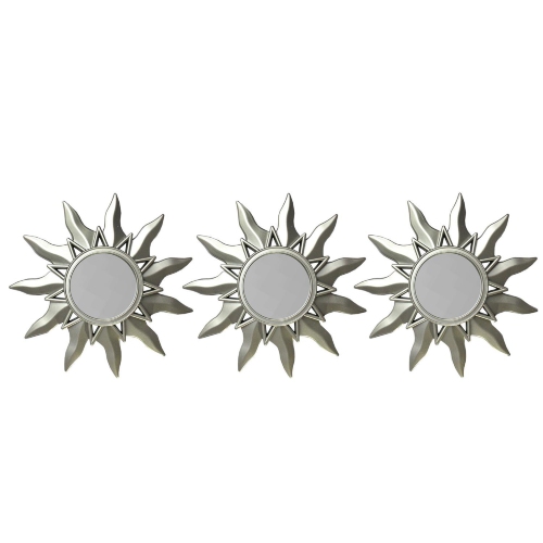 NORTHLIGHT  Set Of 3 Mayan Sunburst Matte Round Mirrors 9.5" In Silver