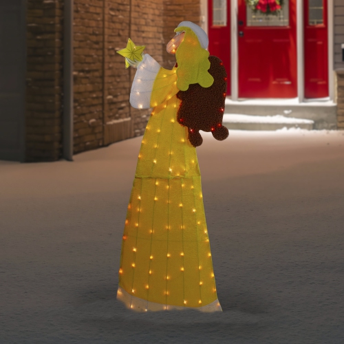 72" Lighted 2D Yellow Chenille Angel Outdoor Christmas Decoration