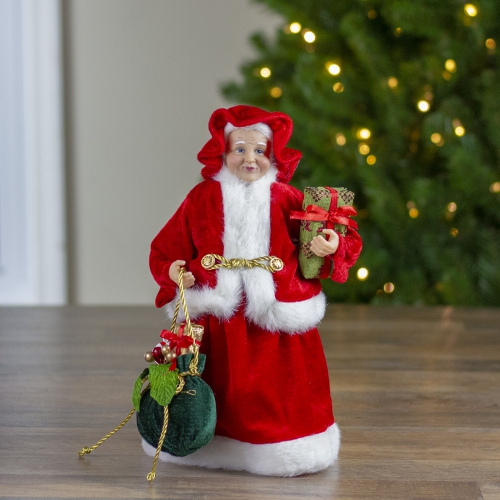12" Mrs. Claus Holding a Gift and Bag Christmas Figure