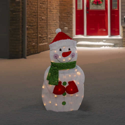 32" Lighted 2D Chenille Snowman with Scarf Outdoor Christmas Decoration
