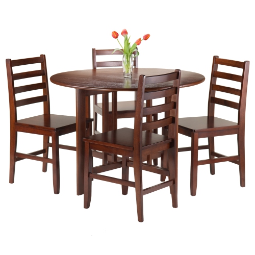 Alamo 5-Pc Round Drop Leaf Table with Ladder-back Chairs, Walnut