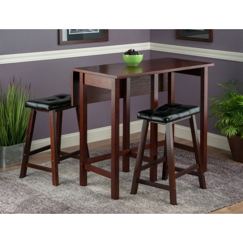 Lynnwood 3-Pc Drop Leaf Table with Cushion Saddle Seat Counter Stools, Walnut and Black
