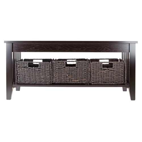 Morris Coffee Table with 3 Foldable Corn Husk Baskets, Espresso and Chocolate
