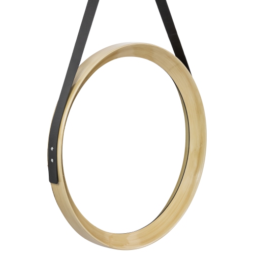 20" Wooden Finish Round Wall Mirror with Black Hanging Strap