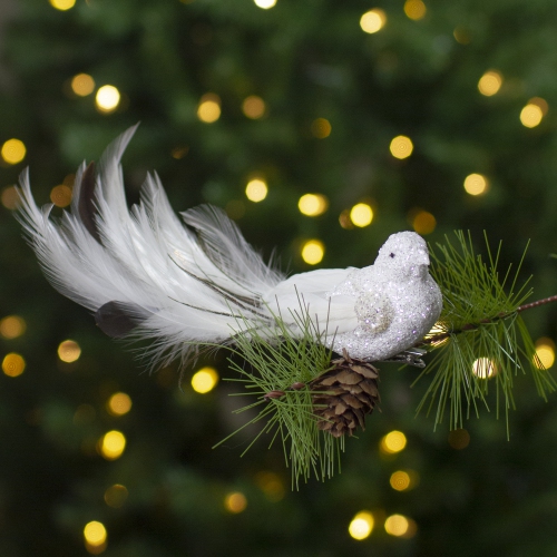 8" White Glittered Clip On Bird Christmas Ornament