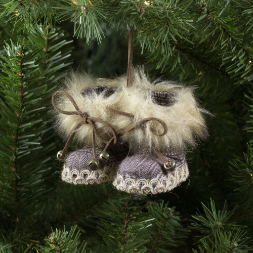 3" Houndstooth Plaid Booties with Faux Fur Christmas Ornament