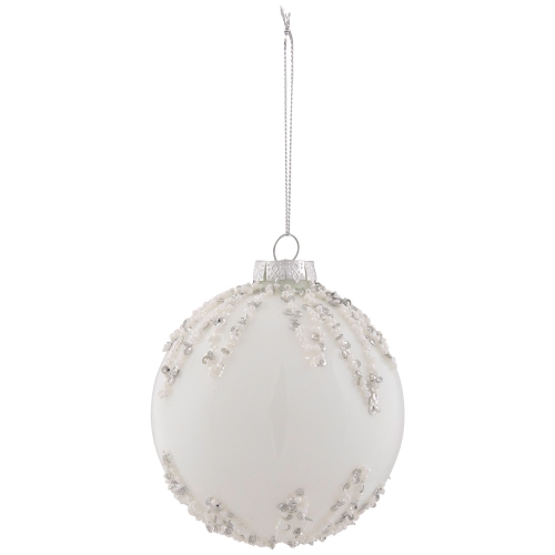 4" White and Silver Sequins Christmas Glass Ball Ornament